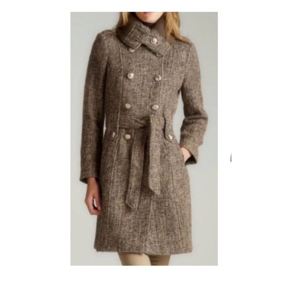 Calvin Klein Wool Tweed Blend Double Brested Coat Belted Sz 14 Brown Collared - Picture 1 of 7